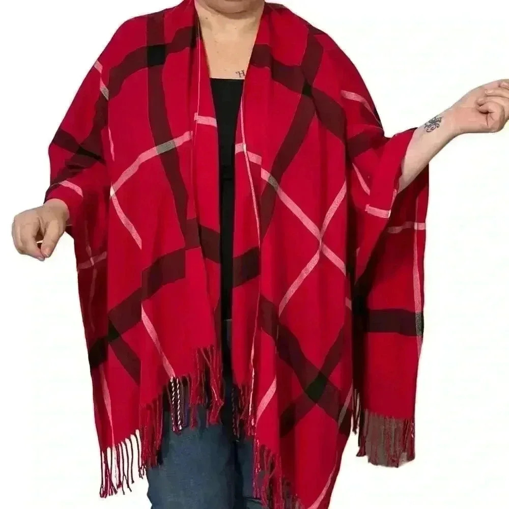 Jessica McClintock Red Plaid Fringe Wrap Shawl Open Front Cardigan One Size